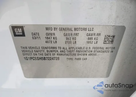 2011 Chevrolet Cruze Ls из США, поврежденный, VIN 1G1PC5SH5B7224728